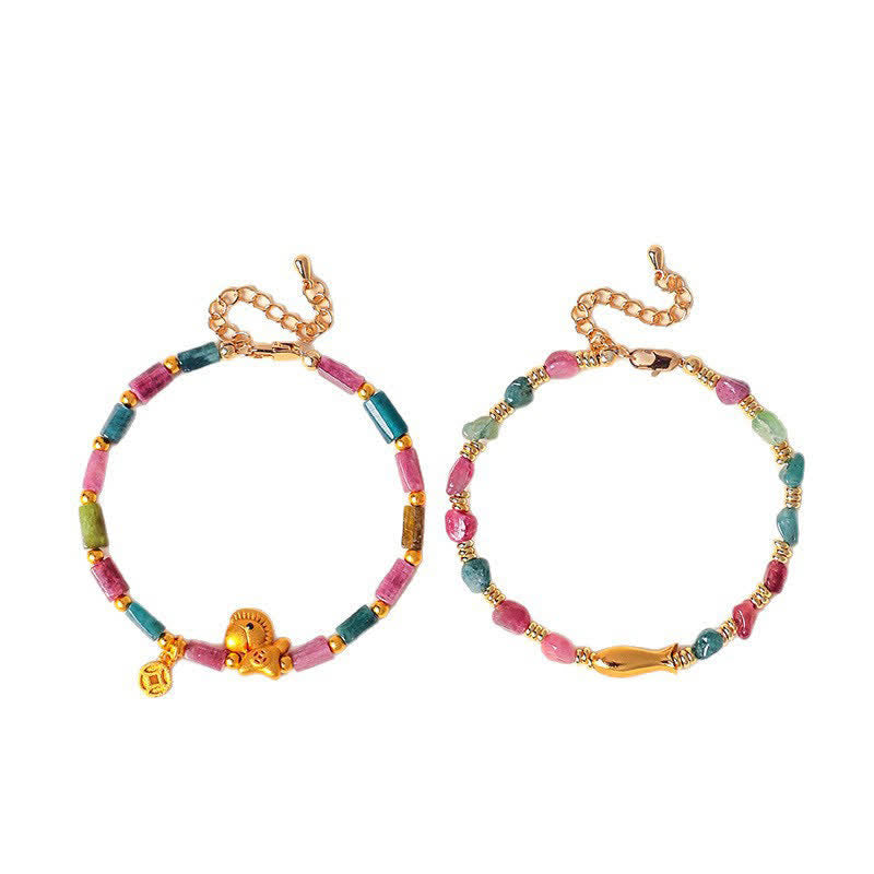 Buddha Stones Pulsera de turmalina arcoíris con diseño de pez koi y corte rústico. - image 7