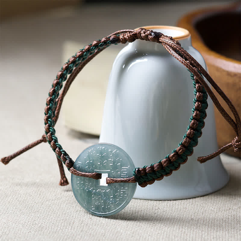 Buddha Stones Pulsera ajustable de tranquilidad tejida a mano con hebilla de jade y símbolo de la paz. - image 2