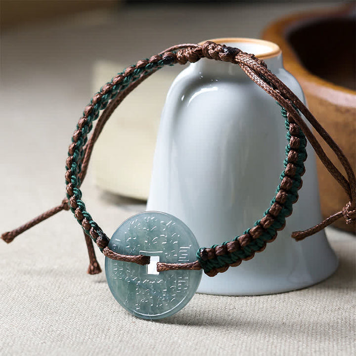 Buddha Stones Pulsera ajustable de tranquilidad tejida a mano con hebilla de jade y símbolo de la paz. - image 2