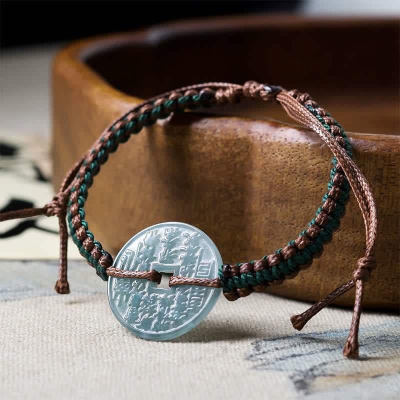 Buddha Stones Pulsera ajustable de tranquilidad tejida a mano con hebilla de jade y símbolo de la paz. - image 4