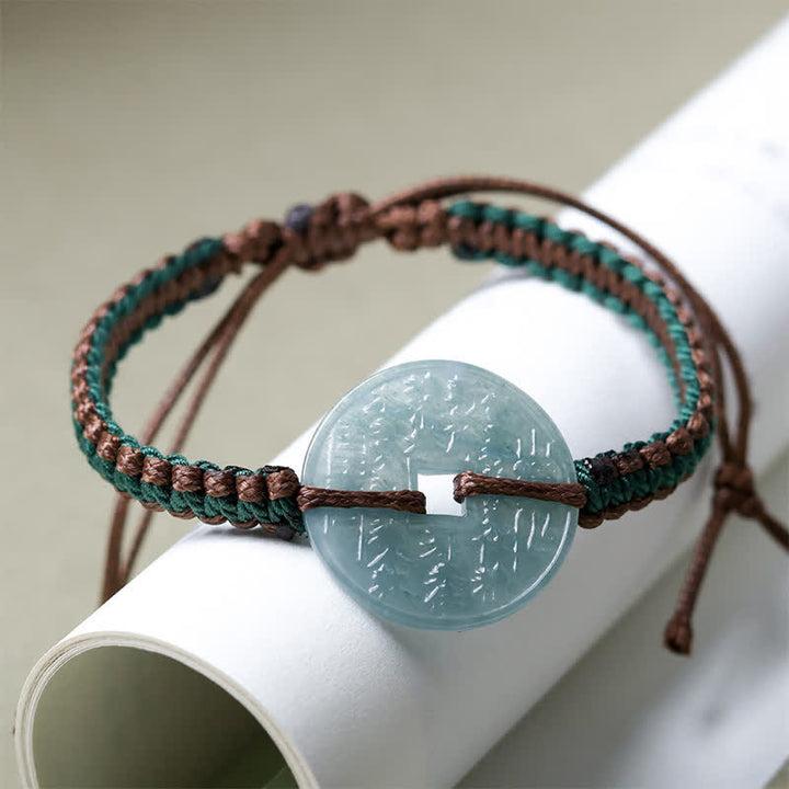 Buddha Stones Pulsera ajustable de tranquilidad tejida a mano con hebilla de jade y símbolo de la paz. - Jade natural (Prosperidad♥Suerte) - image 0