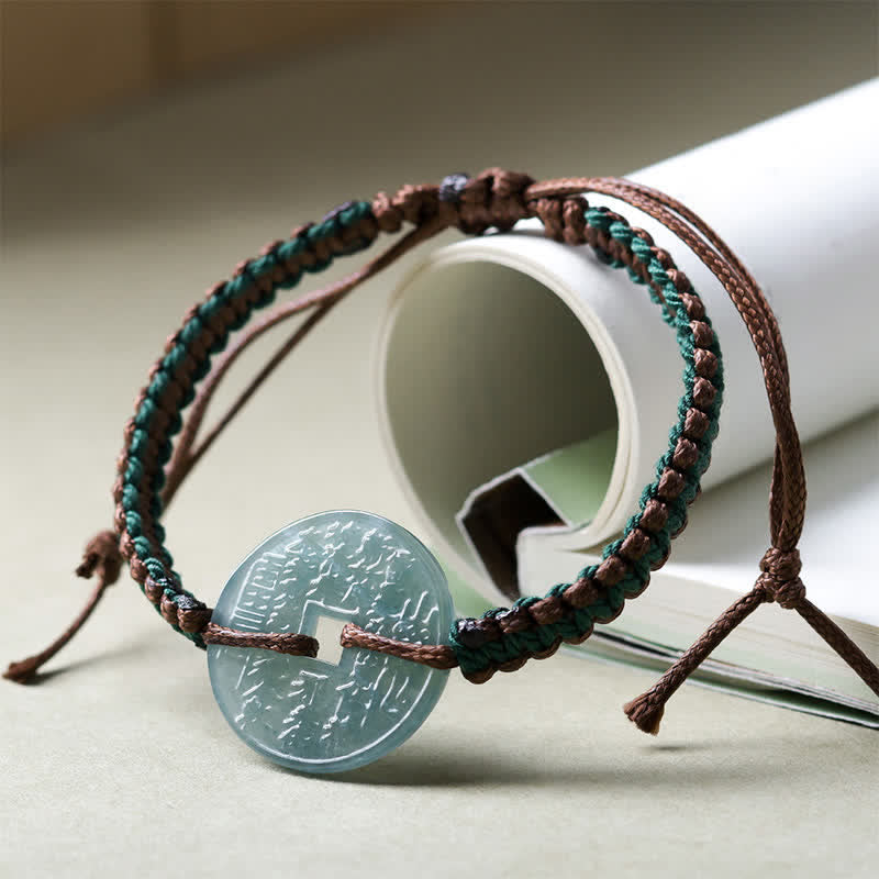 Buddha Stones Pulsera ajustable de tranquilidad tejida a mano con hebilla de jade y símbolo de la paz. - image 1