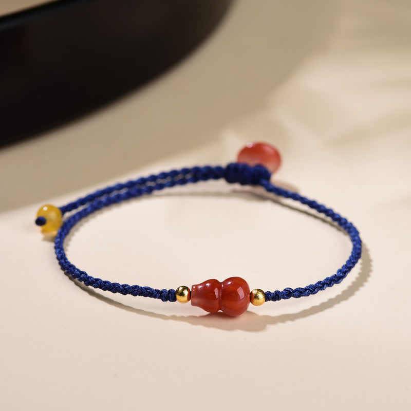 Buddha Stones Pulsera de hilo azul tejida a mano con ágata roja del sur y diseño de calabaza. - image 2