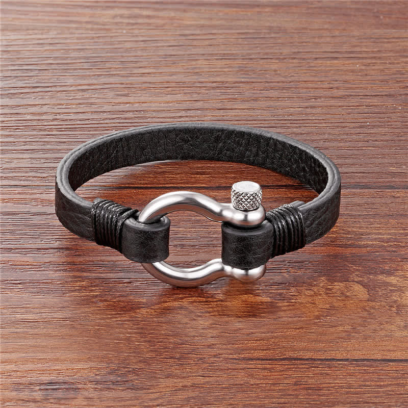 Buddha Stones Pulsera de cuero y acero de titanio con grillete de alta resistencia - Correa de piel negra con hebilla plateada (circunferencia de la muñeca: 18–19 cm) - image 3