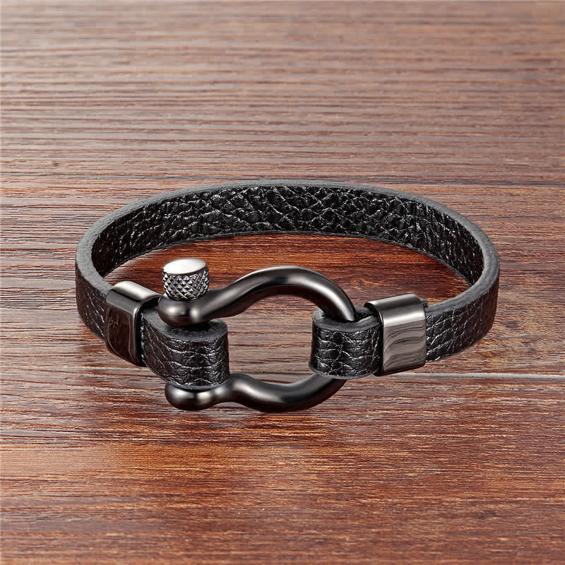 Buddha Stones Pulsera de cuero y acero de titanio con grillete de alta resistencia - Correa de piel negra con hebilla negra (circunferencia de la muñeca: 18–19 cm) - image 0