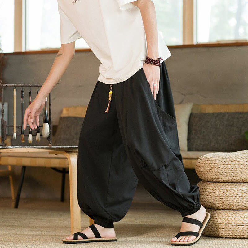 Buddha Stones Pantalones de verano informales vintage con cordón ajustable, color liso, hasta el tobillo, estilo harem para hombre, con bolsillos. - Negro - US/UK/AU46, EU56 (5XL) - image 0