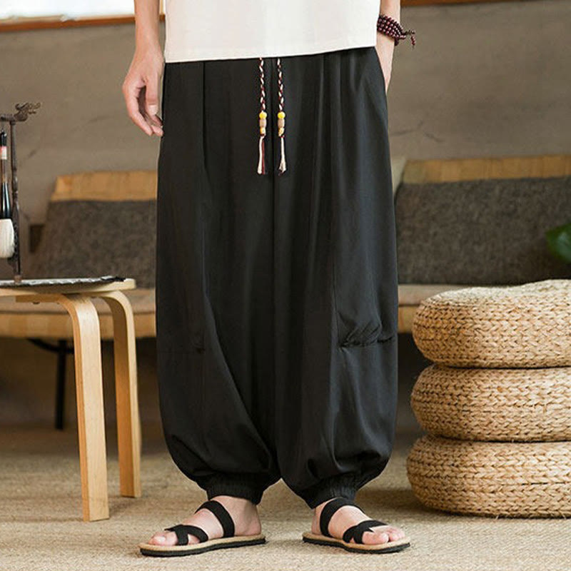 Buddha Stones Pantalones de verano informales vintage con cordón ajustable, color liso, hasta el tobillo, estilo harem para hombre, con bolsillos. - image 1