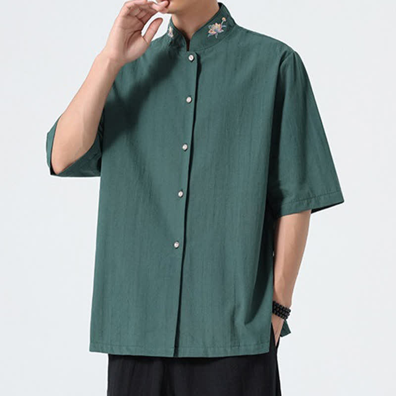 Buddha Stones Camisas de hombre lisas con cuello mandarín y bordado de loto, estilo verano Tang. - image 6