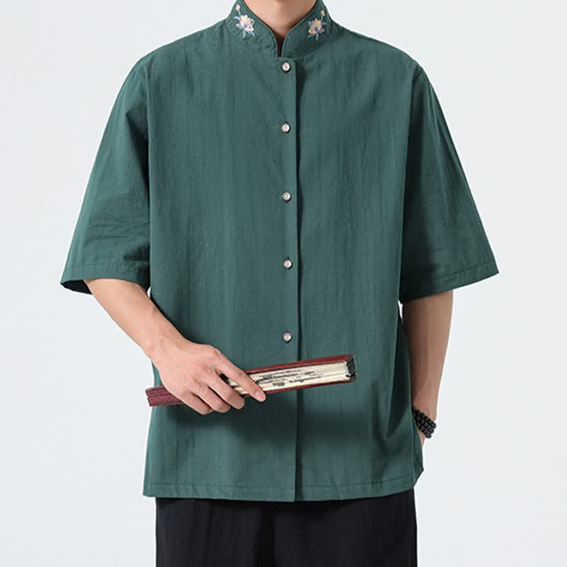 Buddha Stones Camisas de hombre lisas con cuello mandarín y bordado de loto, estilo verano Tang. - image 5