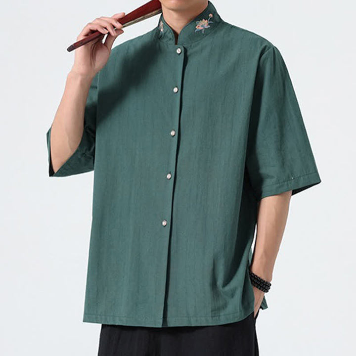 Buddha Stones Camisas de hombre lisas con cuello mandarín y bordado de loto, estilo verano Tang. - image 7
