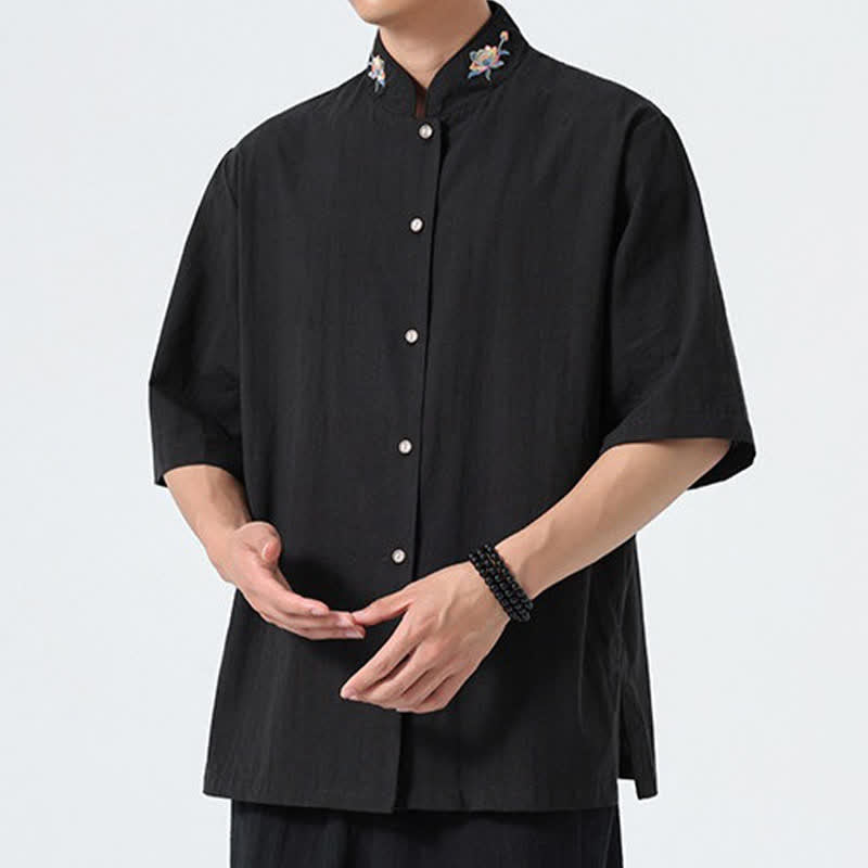 Buddha Stones Camisas de hombre lisas con cuello mandarín y bordado de loto, estilo verano Tang. - image 13