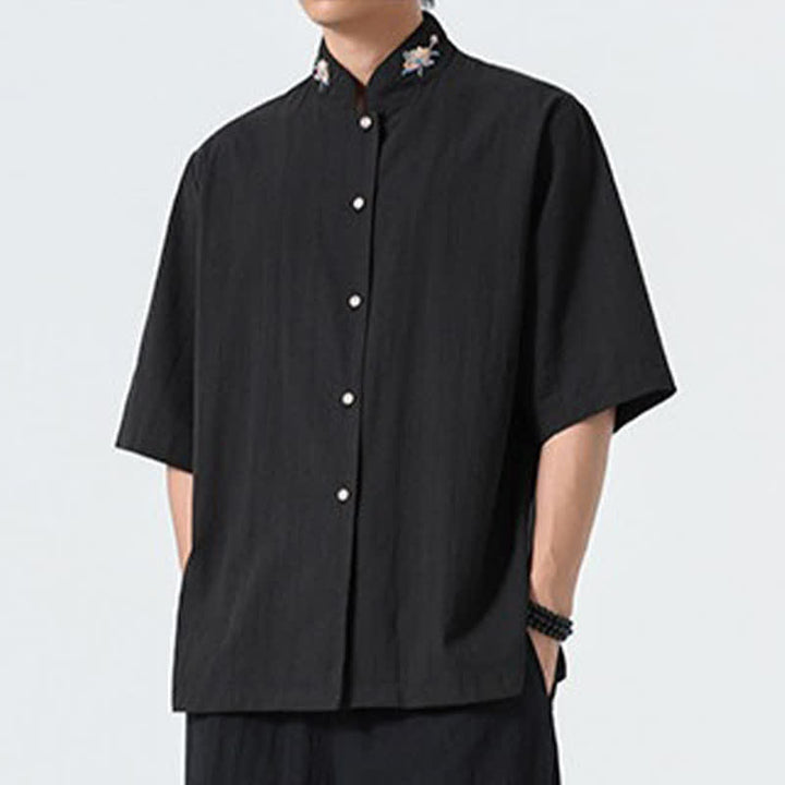 Buddha Stones Camisas de hombre lisas con cuello mandarín y bordado de loto, estilo verano Tang. - image 9