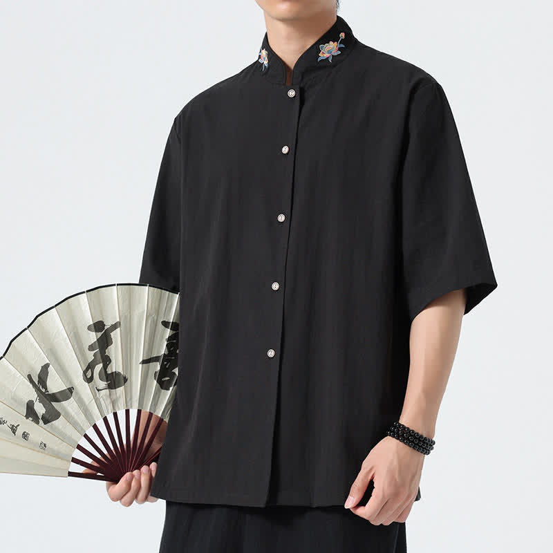 Buddha Stones Camisas de hombre lisas con cuello mandarín y bordado de loto, estilo verano Tang. - image 10