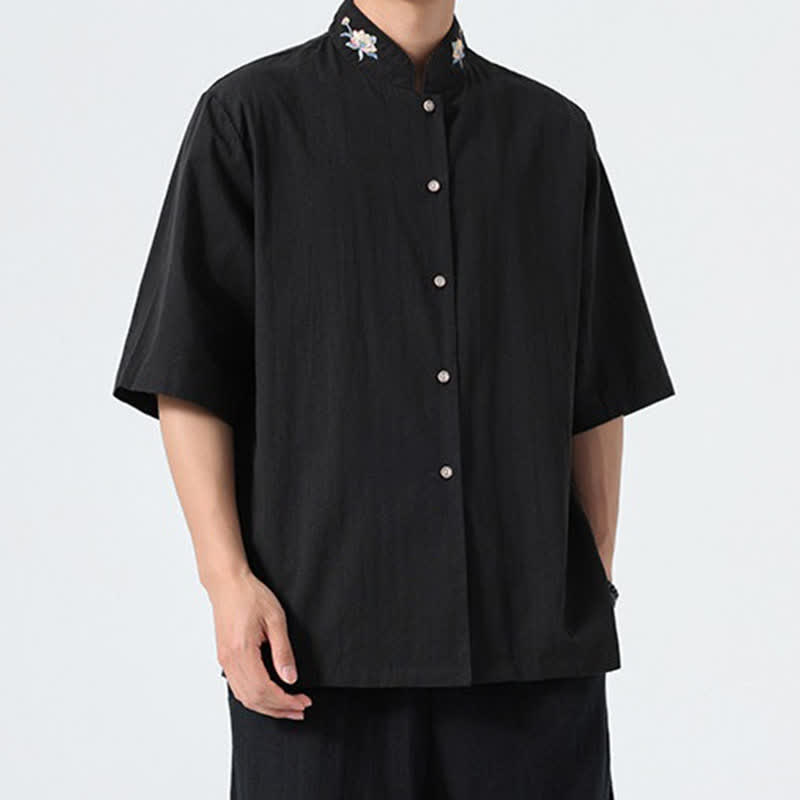 Buddha Stones Camisas de hombre lisas con cuello mandarín y bordado de loto, estilo verano Tang. - image 14