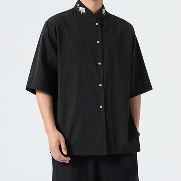 Buddha Stones Camisas de hombre lisas con cuello mandarín y bordado de loto, estilo verano Tang. - image 14