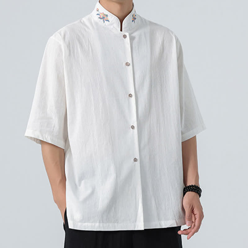 Buddha Stones Camisas de hombre lisas con cuello mandarín y bordado de loto, estilo verano Tang. - image 17