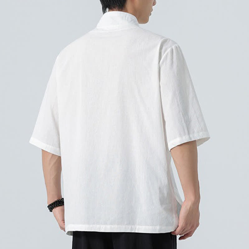 Buddha Stones Camisas de hombre lisas con cuello mandarín y bordado de loto, estilo verano Tang. - image 20