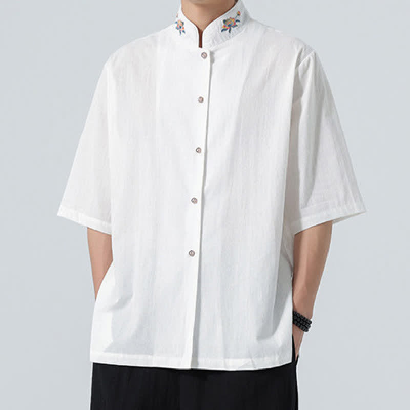 Buddha Stones Camisas de hombre lisas con cuello mandarín y bordado de loto, estilo verano Tang. - image 22