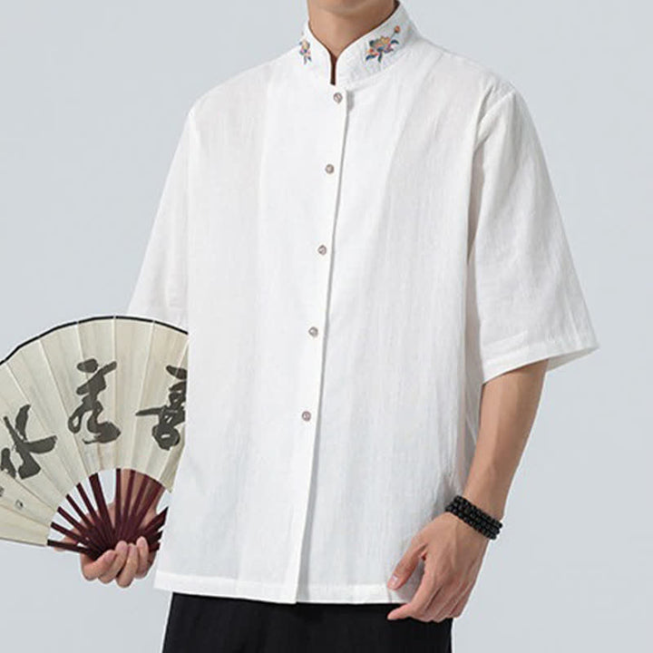 Buddha Stones Camisas de hombre lisas con cuello mandarín y bordado de loto, estilo verano Tang. - image 21