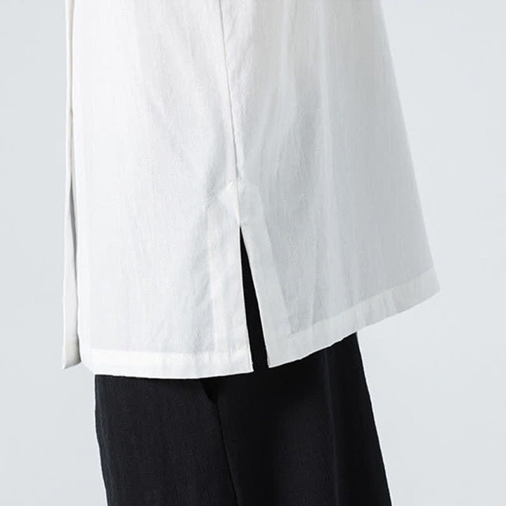 Buddha Stones Camisas de hombre lisas con cuello mandarín y bordado de loto, estilo verano Tang. - image 27