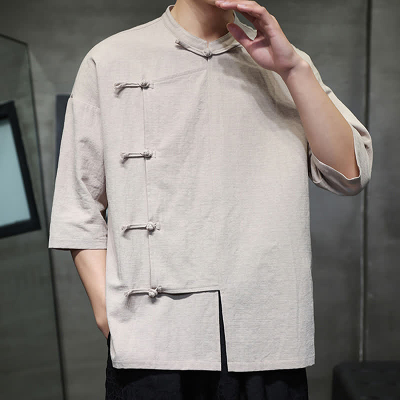 Buddha Stones Camisas de manga corta para hombre, estilo Summer Tang, con cuello mandarín y botones de rana. - image 2