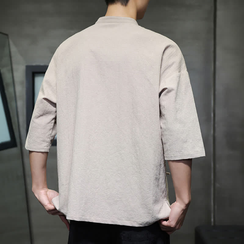 Buddha Stones Camisas de manga corta para hombre, estilo Summer Tang, con cuello mandarín y botones de rana. - image 3