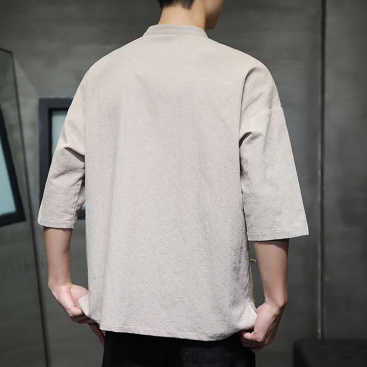 Buddha Stones Camisas de manga corta para hombre, estilo Summer Tang, con cuello mandarín y botones de rana. - image 3