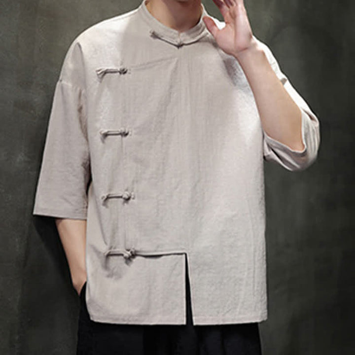 Buddha Stones Camisas de manga corta para hombre, estilo Summer Tang, con cuello mandarín y botones de rana. - image 7