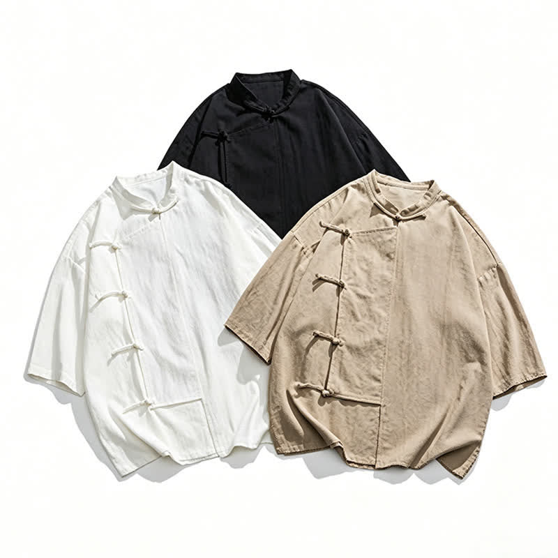 Buddha Stones Camisas de manga corta para hombre, estilo Summer Tang, con cuello mandarín y botones de rana. - image 31