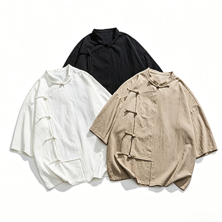 Buddha Stones Camisas de manga corta para hombre, estilo Summer Tang, con cuello mandarín y botones de rana. - image 31