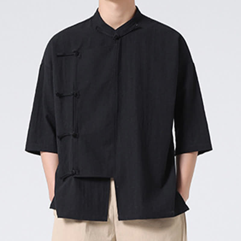 Buddha Stones Camisas de manga corta para hombre, estilo Summer Tang, con cuello mandarín y botones de rana. - image 13