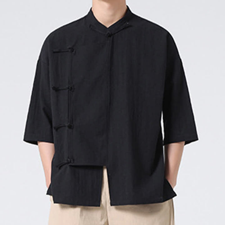 Buddha Stones Camisas de manga corta para hombre, estilo Summer Tang, con cuello mandarín y botones de rana. - image 13
