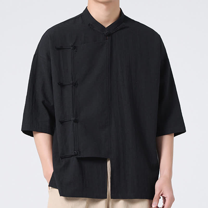 Buddha Stones Camisas de manga corta para hombre, estilo Summer Tang, con cuello mandarín y botones de rana. - image 14