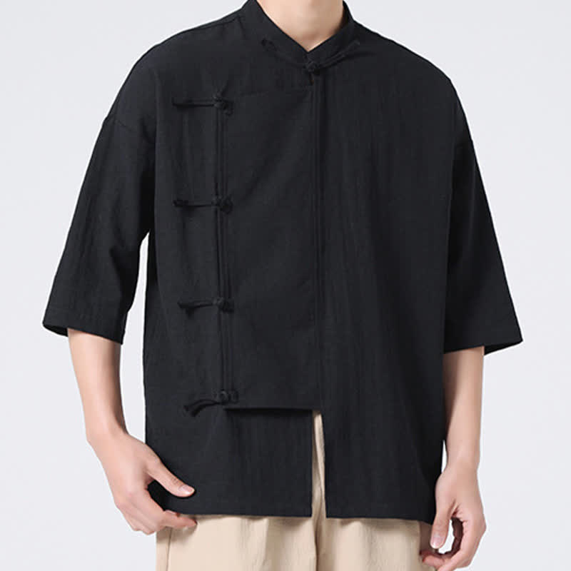 Buddha Stones Camisas de manga corta para hombre, estilo Summer Tang, con cuello mandarín y botones de rana. - image 19