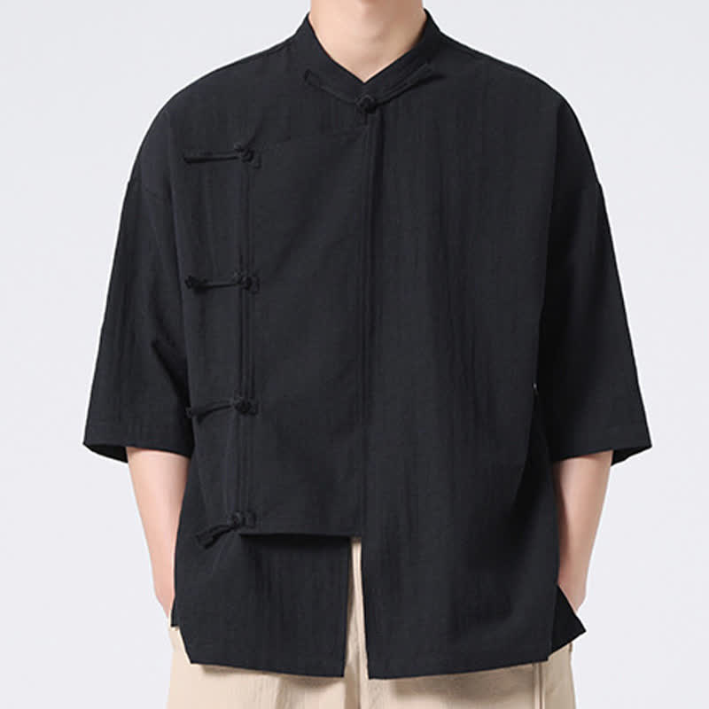Buddha Stones Camisas de manga corta para hombre, estilo Summer Tang, con cuello mandarín y botones de rana. - image 17
