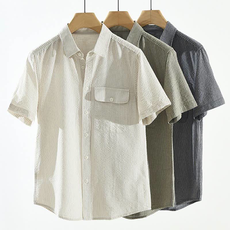 Buddha Stones Camisa de manga corta de algodón a rayas para hombre, estilo casual de verano, con botones y bolsillo decorativo. - image 14