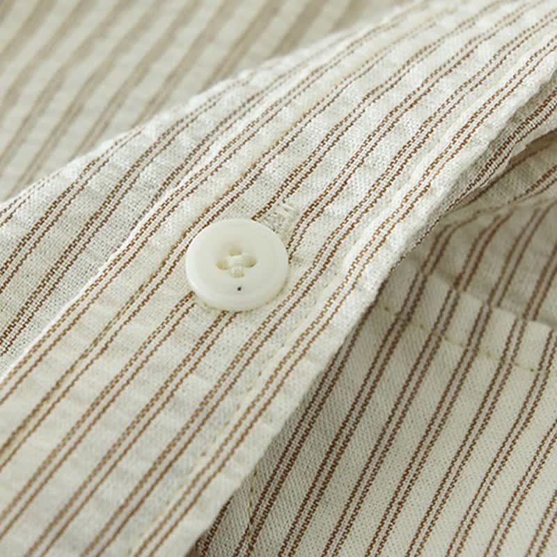 Buddha Stones Camisa de manga corta de algodón a rayas para hombre, estilo casual de verano, con botones y bolsillo decorativo. - image 9