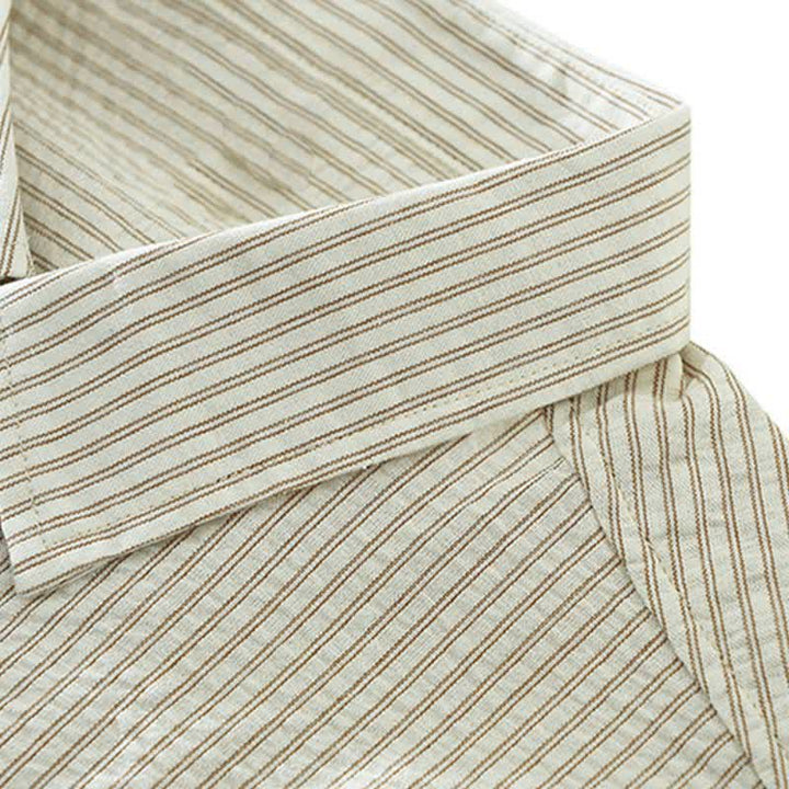 Buddha Stones Camisa de manga corta de algodón a rayas para hombre, estilo casual de verano, con botones y bolsillo decorativo. - image 7