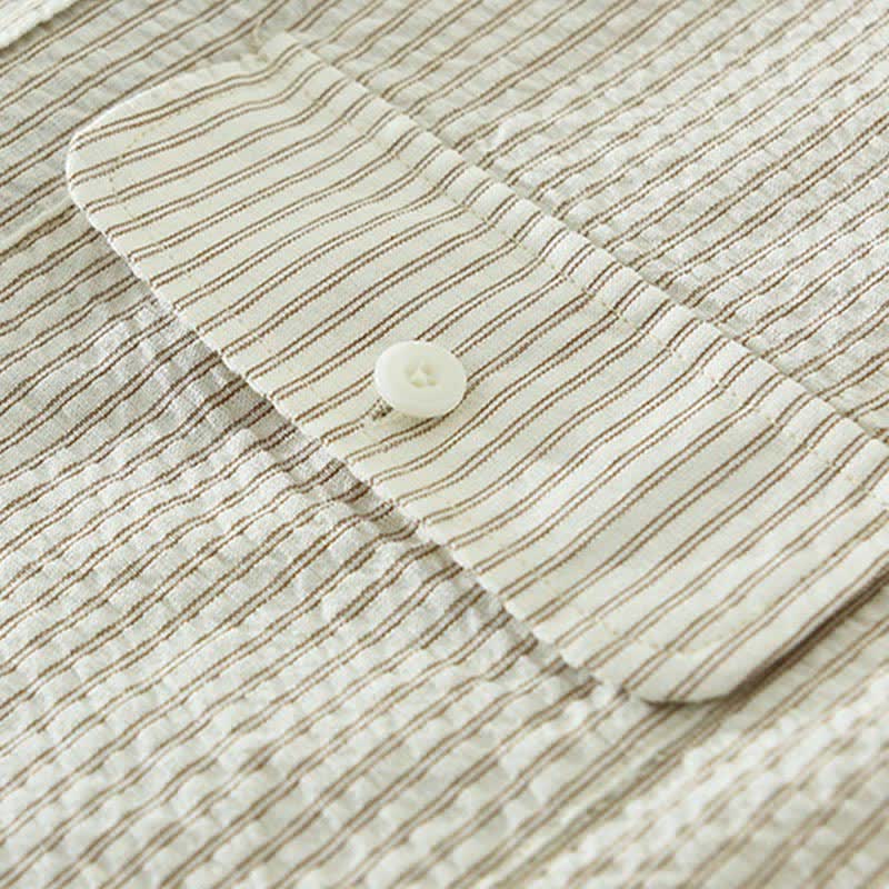 Buddha Stones Camisa de manga corta de algodón a rayas para hombre, estilo casual de verano, con botones y bolsillo decorativo. - image 8