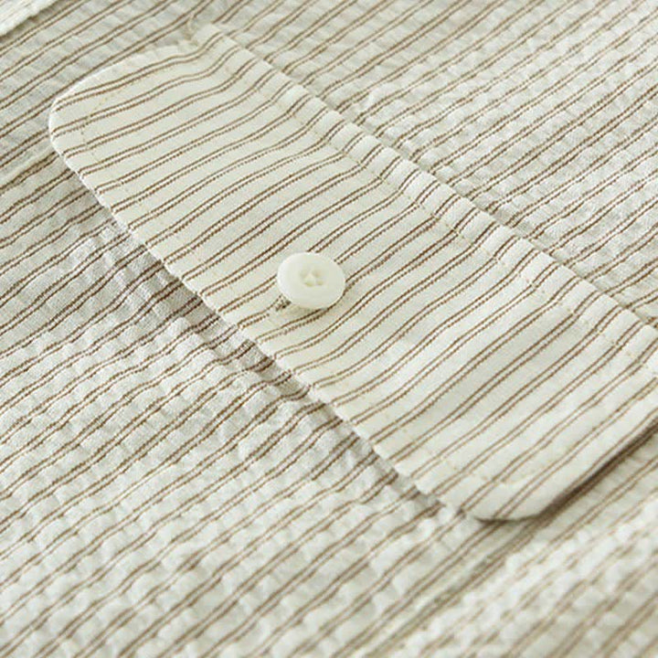 Buddha Stones Camisa de manga corta de algodón a rayas para hombre, estilo casual de verano, con botones y bolsillo decorativo. - image 8