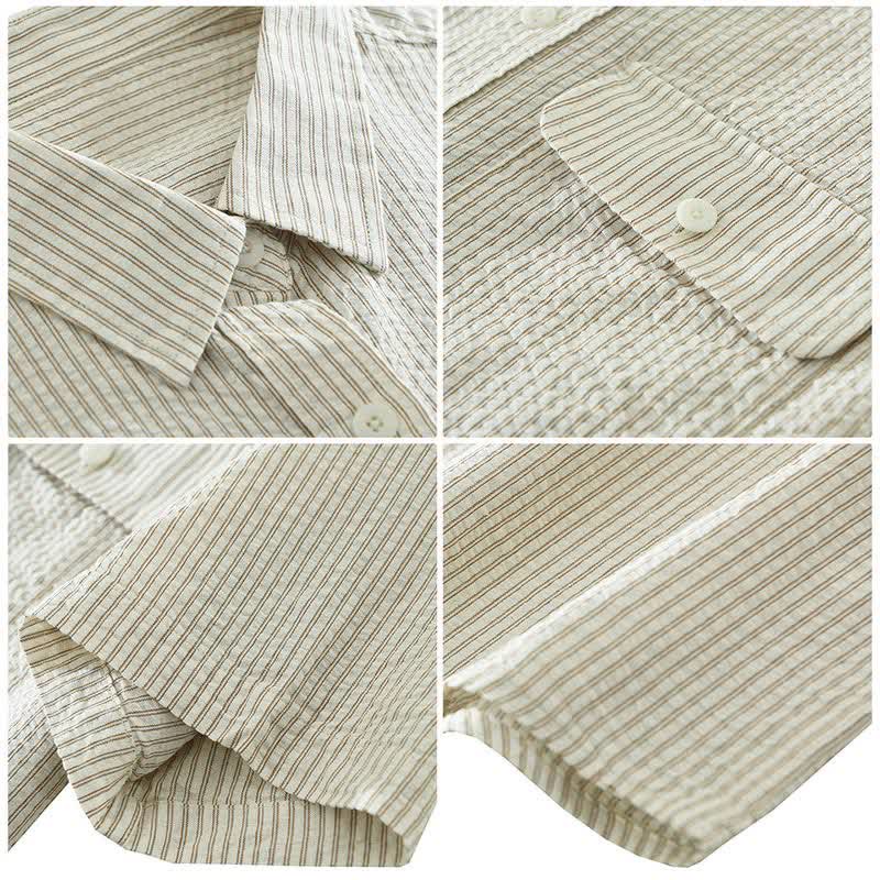 Buddha Stones Camisa de manga corta de algodón a rayas para hombre, estilo casual de verano, con botones y bolsillo decorativo. - image 4
