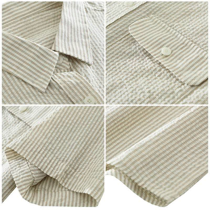 Buddha Stones Camisa de manga corta de algodón a rayas para hombre, estilo casual de verano, con botones y bolsillo decorativo. - image 4
