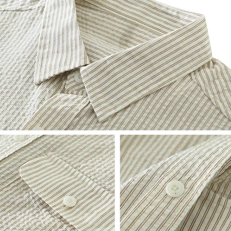 Buddha Stones Camisa de manga corta de algodón a rayas para hombre, estilo casual de verano, con botones y bolsillo decorativo. - image 3