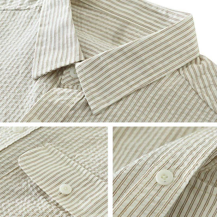 Buddha Stones Camisa de manga corta de algodón a rayas para hombre, estilo casual de verano, con botones y bolsillo decorativo. - image 3