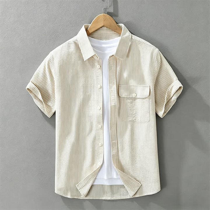 Buddha Stones Camisa de manga corta de algodón a rayas para hombre, estilo casual de verano, con botones y bolsillo decorativo. - Trigo - US/UK/AU42, EU52 (3XL) - image 1