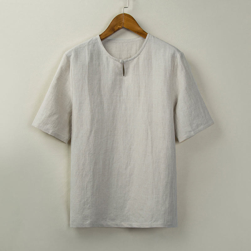 Buddha Stones Camisas de hombre lisas con botones y abertura lateral, estilo Tang, para verano. - Lino - US/UK/AU46, EU56 (5XL) - image 0