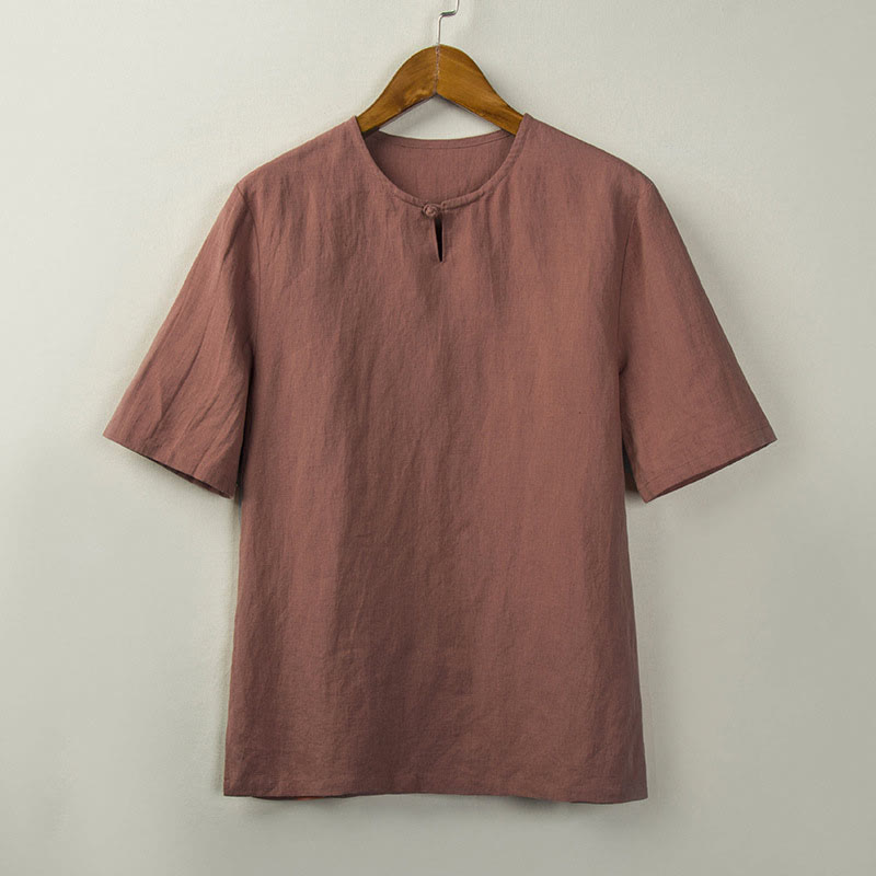 Buddha Stones Camisas de hombre lisas con botones y abertura lateral, estilo Tang, para verano. - Salmón oscuro - US/UK/AU46, EU56 (5XL) - image 6