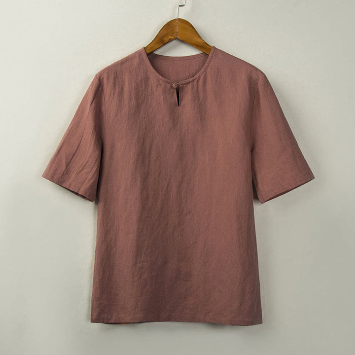 Buddha Stones Camisas de hombre lisas con botones y abertura lateral, estilo Tang, para verano. - Salmón oscuro - US/UK/AU46, EU56 (5XL) - image 6