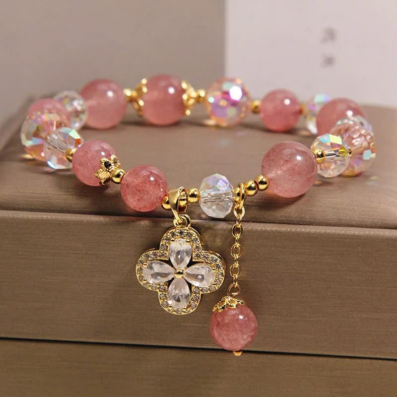 Buddha Stones Pulsera con borla de cuentas de cuarzo fresa y trébol - image 2