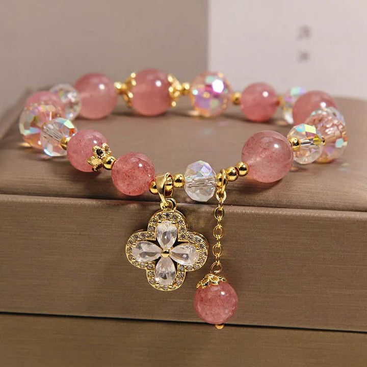 Buddha Stones Pulsera con borla de cuentas de cuarzo fresa y trébol - image 2